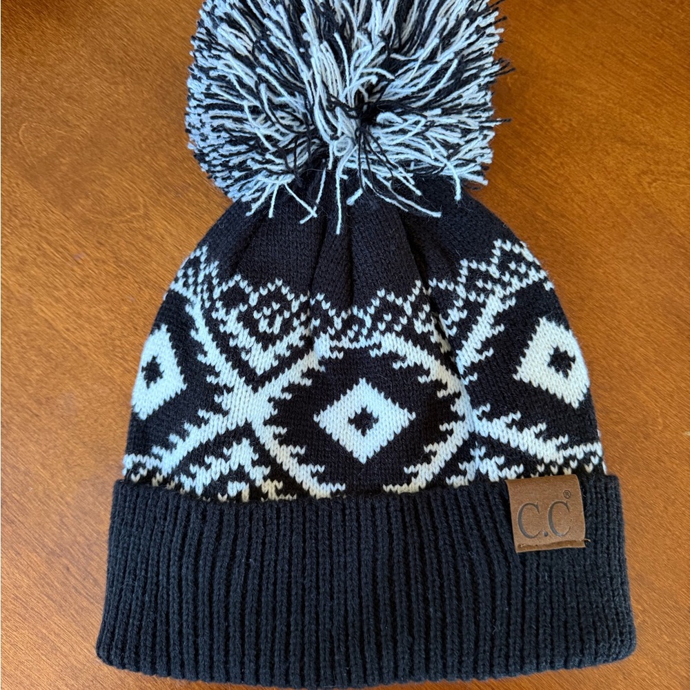 C.C Black & White Pom Pom Knit Beanie